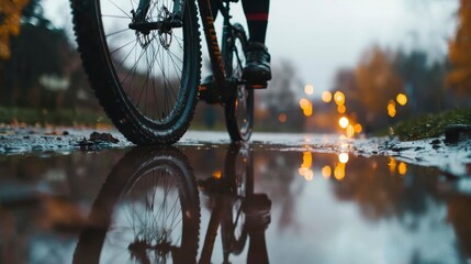 Cyclist in puddle, rainy autumn park, reflection, outdoor activity, suitable for cycling, travel, nature