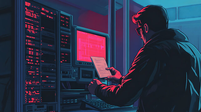 Cybercrime illustration: Hacker inside a computer, holding stolen files. Flat vector cartoon. 