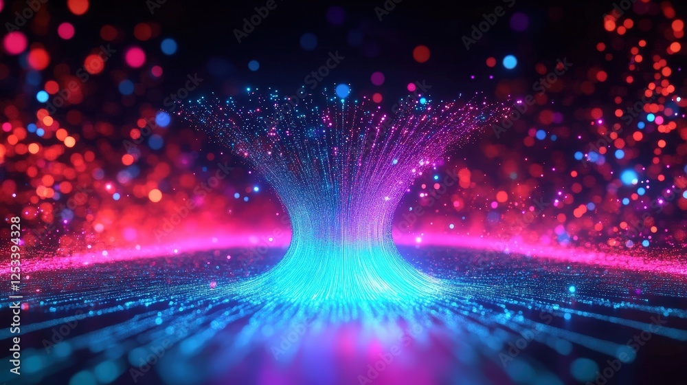 Wall mural 5G technology wireless data transmission, high-speed internet. Information flow in abstract cyberspace. 3d illustration of big data digital funnel