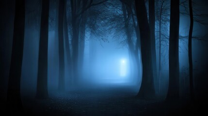 Naklejka premium Forest background image showing a dark forest with tall trees and fog, illuminated by the soft glow of moonlight