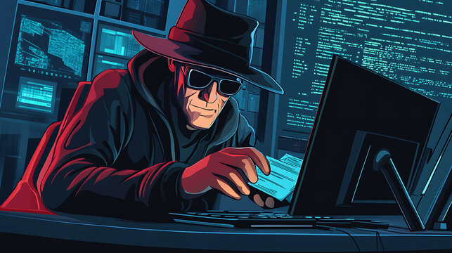Malware illustration: Hacker inside computer, holding stolen files. Cartoon vector. Data security concept. 