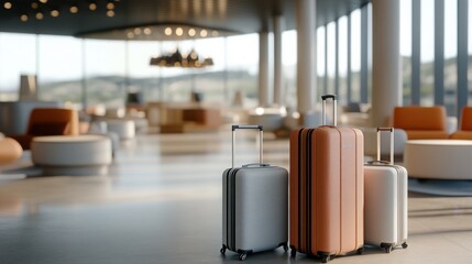 Fototapeta premium Suitcases in an airport lounge, natural light enhancing textures, symbolizing travel and adventure.
