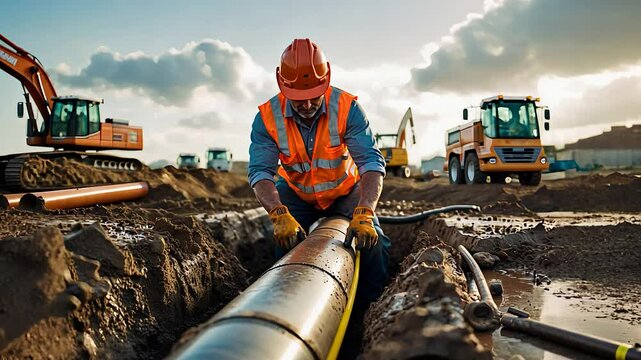Construction Worker Installing Large Underground Pipeline at an Active Worksite with Heavy Machinery and Excavation


