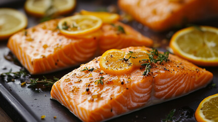Fresh salmon adorned with a vibrant citrus glaze and precise garnishes