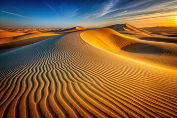 Naklejka premium Golden Sandscapes A Serene Desert Sunset with Undulating Dunes and Textured Patterns