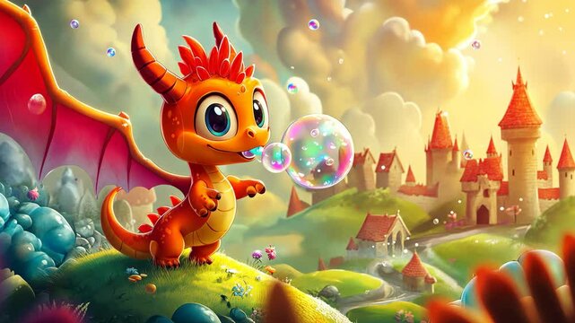 An adorable baby dragon joyfully blowing bubbles in a whimsical fantasy land with castles and clouds