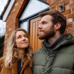 Fototapeta premium Couple sharing love connected moments outside cozy home romantic atmosphere portrait photography intimate setting