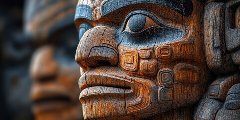 Intricate Carving: A Close-Up of a Northwest Coast Totem Pole