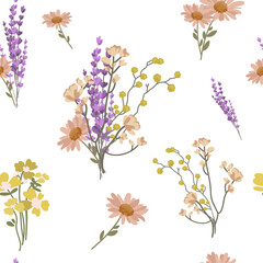 Seamless floral pattern with wildflowers on white background. Wild flowers and herbs background for printing, fabrics, paper. Soft colors create a vintage elegant botanical design.Vector illustration