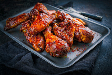Authentical barbecue chicken wings and drumsticks with hot chili sauce as marinade served as close-up in a rustic backing sheet with copy space