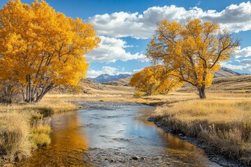 Fototapeta premium Beautiful sunny walley landscape with wide mountain creek between the yellow trees with cloudy blue sky.