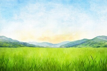 Serene Sunrise Over Lush Green Field in Watercolor Style Art Piece