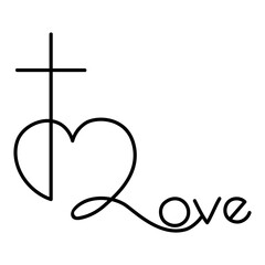 Minimalist line art drawing with cross integrated with a heart and the word Love in elegant script. A symbolic representation of Christian faith, love, and devotion.Emlem, logo, tattoo, print.Vector 