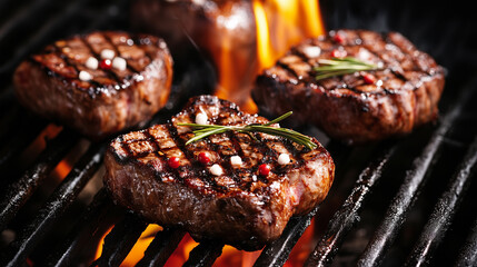 Lush flames rising as meat sizzles on a hot charcoal grill