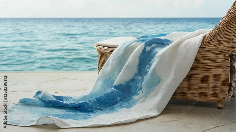 Poster a soft cotton sarong with a hand-painted ocean wave pattern draped over a beach chair