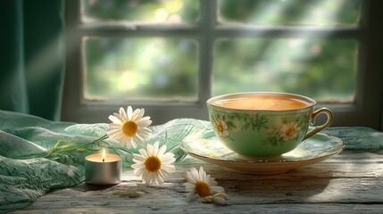 Sunny morning chamomile tea by window