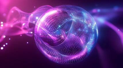 Abstract glowing sphere with a flowing trail of digital particles on dark background