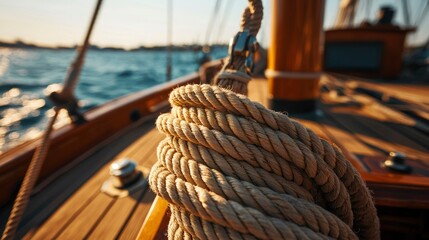 Obraz premium Closeup of nautical rope on a sailboat at sunset