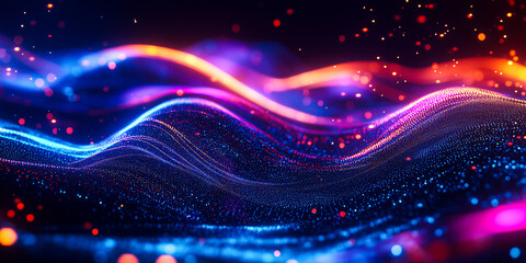 Fototapeta premium Abstract digital waving 3d particle technology background design. Futuristic moving dots particles, hi-tech and big data visualization for brochures, flyers, magazine, business card, banner.