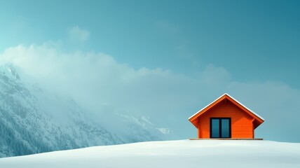 Meteorological phenomena concept. A solitary orange cabin in a snowy landscape under a clear blue sky.