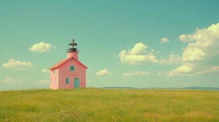 Pink lighthouse stands prominently on vast green grassland beneath bright blue sky with fluffy white clouds, embodying minimalist architecture in peaceful countryside setting.