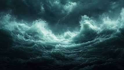 Meteorological phenomena concept. Dark turbulent ocean waves crashing under a stormy sky.