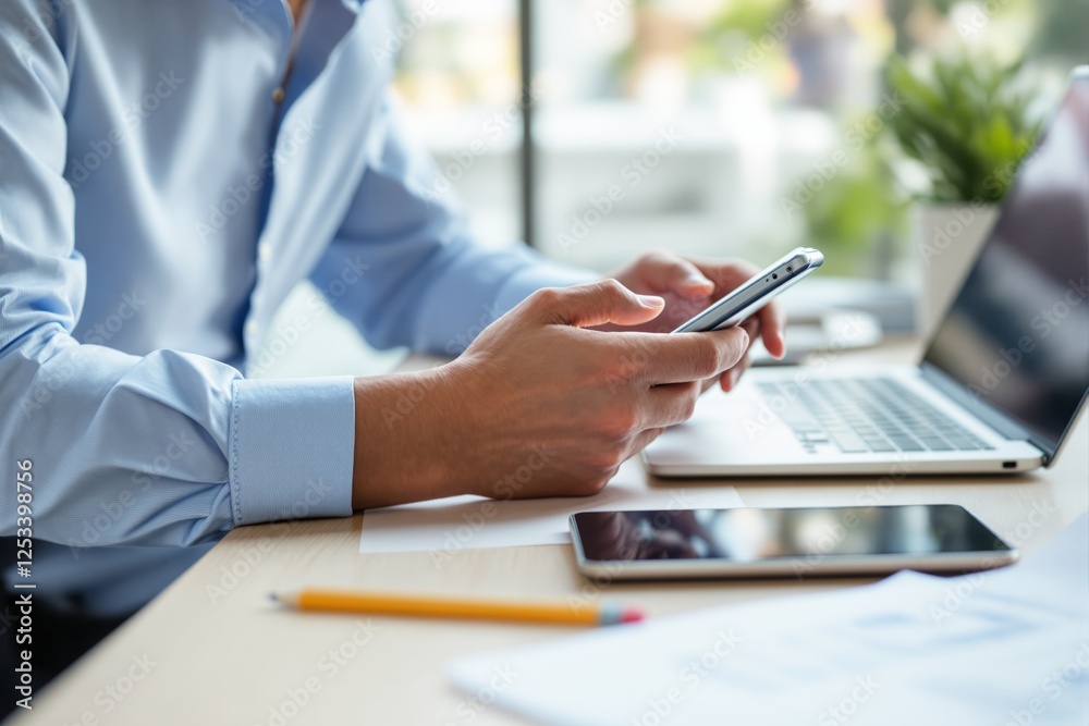 Poster Close-up of a businessperson using a smartphone at a desk with a laptop and documents in a modern office setting.