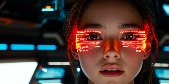 AI Woman with Holographic Red Data Display