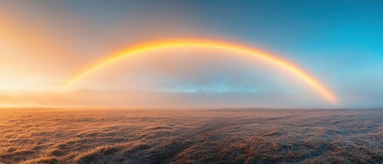 Meteorological phenomena concept. A vibrant rainbow arches over a misty landscape at sunrise.