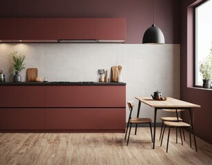 Modern Kitchen interior with empty blank wall for mockup template display. 3D Rendering