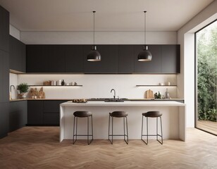 Modern Kitchen interior with empty blank wall for mockup template display. 3D Rendering