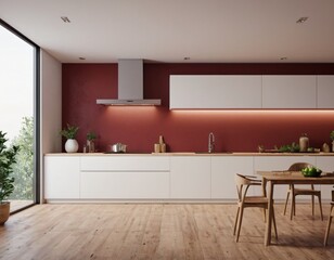 Modern Kitchen interior with empty blank wall for mockup template display. 3D Rendering