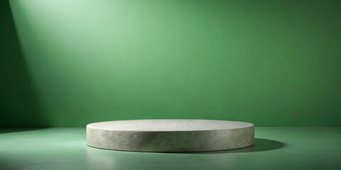 A round podium rests on a flat surface, softly lit by focused light against a vibrant green background, creating a simple yet striking display environment