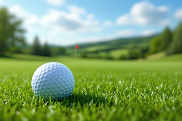 Obraz premium Close-up of a white golf ball on a vibrant green grass field with blurred background of a golf course and flag in the distance.