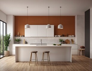 Modern Kitchen interior with empty blank wall for mockup template display. 3D Rendering