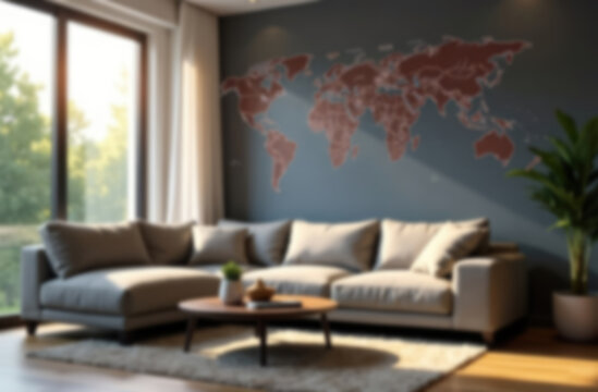 blur background of Blurred view of living room with sofa and world map near window