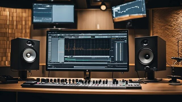 Sound editing program on a computer in a music studio.