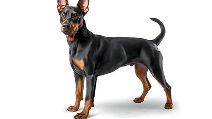 A small black and brown dog is standing on a white background. generated using AI