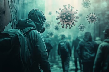 Post-apocalyptic scenario with people wearing protective gear amidst a swarm of virus particles, highlighting a world facing a deadly pandemic.