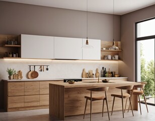 Modern Kitchen interior with empty blank wall for mockup template display. 3D Rendering
