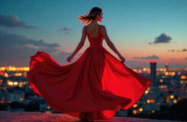 Fashion Woman in Red fluttering Dress Back Side Rear View. Glamour Model dancing with Long Silk Fabric flying on Wind over Night Sky City Light Landscape