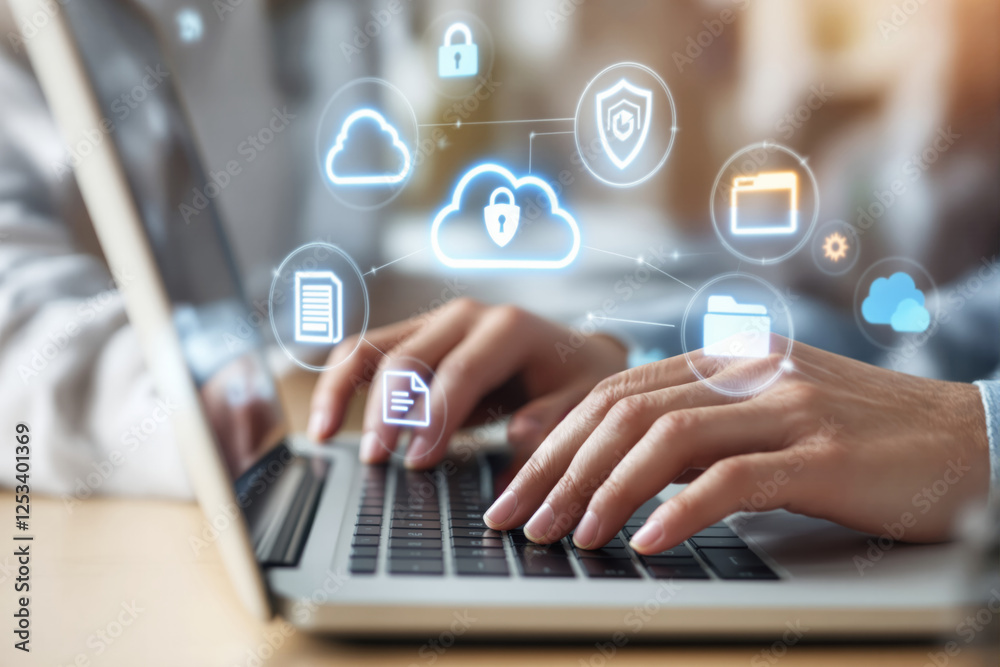 Poster Hands typing on laptop keyboard with holographic icons of cloud computing and data security. Concept of technology and cybersecurity.
