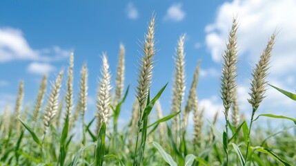 Wheat field under sunny sky, ripe harvest, rural landscape, agriculture