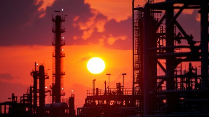 Obraz premium Industrial plant silhouette at sunset