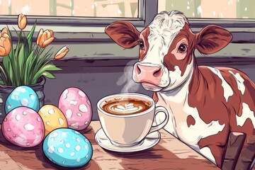 Cheerful cartoon cow sipping coffee surrounded by vibrant easter eggs