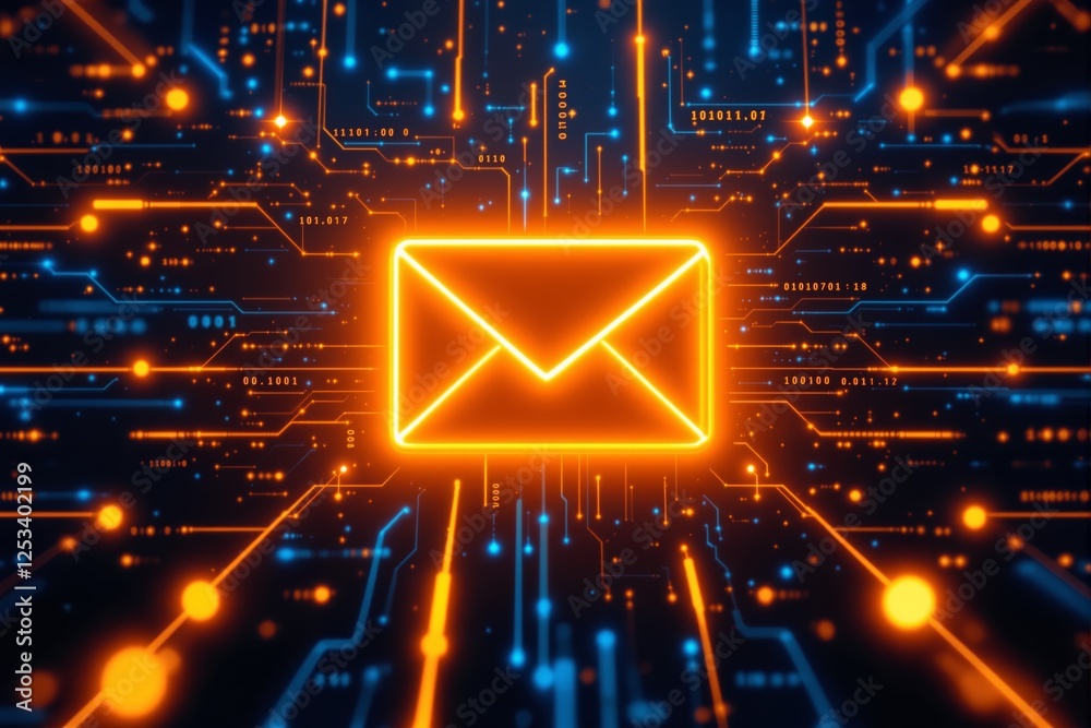 Poster neon glowing envelope surrounded by digital circuit board elements on a futuristic blue and orange b