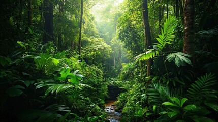 Fototapeta premium A vibrant rainforest with towering trees, exotic plants, and a gentle stream winding through the underbrush
