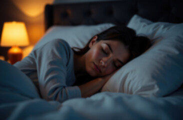 Young woman in pajamas sleeping on cozy bed in bedroom at night