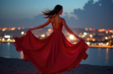 Fashion Woman in Red fluttering Dress Back Side Rear View. Glamour Model dancing with Long Silk Fabric flying on Wind over Night Sky City Light Landscape
