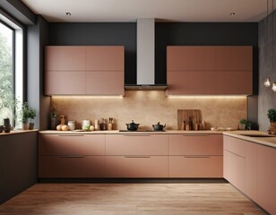 Modern Kitchen interior with empty blank wall for mockup template display. 3D Rendering